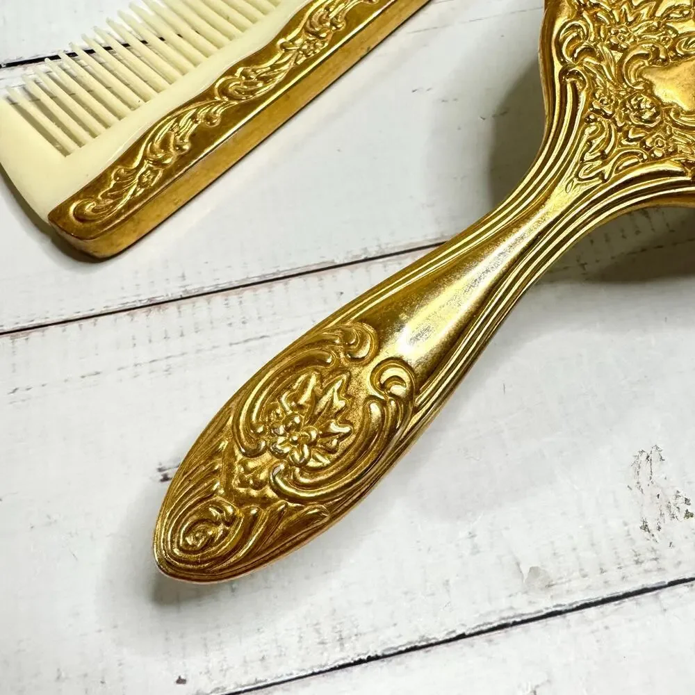 Vintage Gold Tone Brush & Comb Vanity Set Celluloid EUC Art Deco Style READ